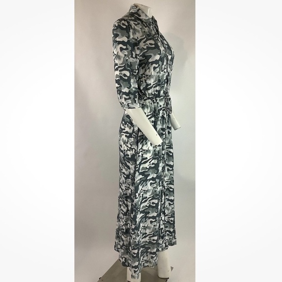 Skemo Sz S Boho Camo Print Beaded Maxi Tunic Dress Gray White Rayon Buttoned - Picture 4 of 7